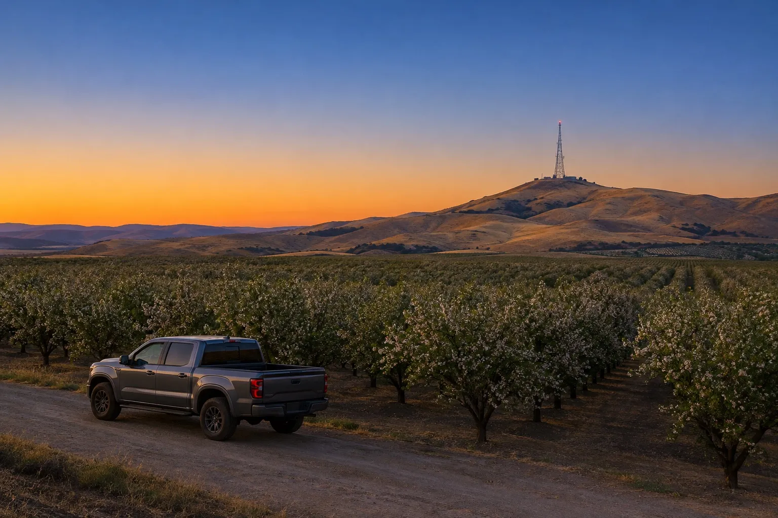 Una torre de radio en las colinas sobre una huerta de almendros al atardecer, con una camioneta gris en el camino