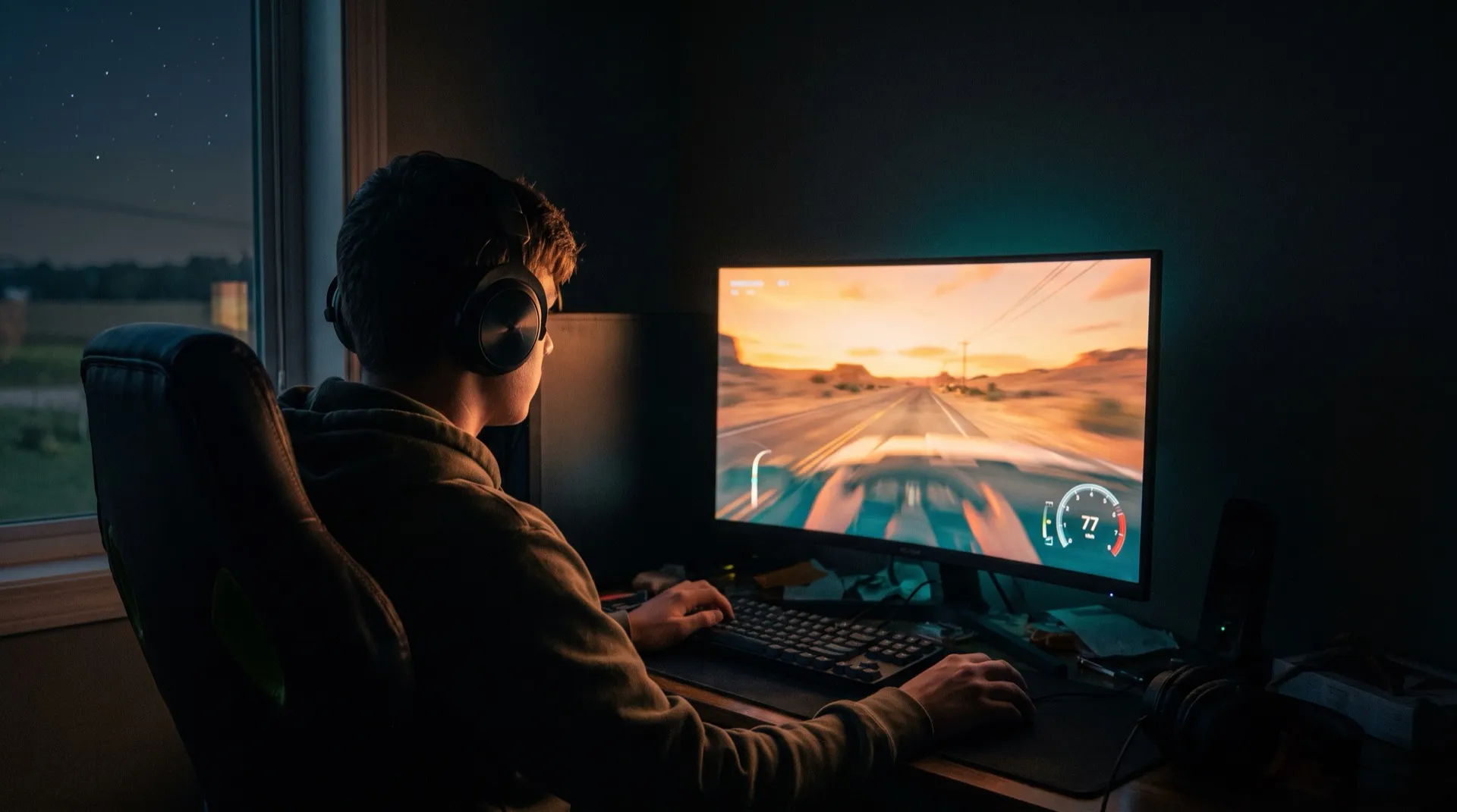 A teenager in headphones playing a racing game at night