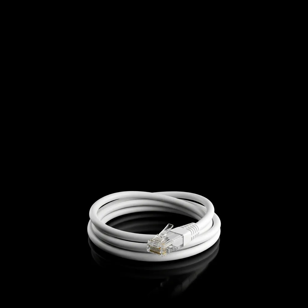 A coiled white Ethernet cable
