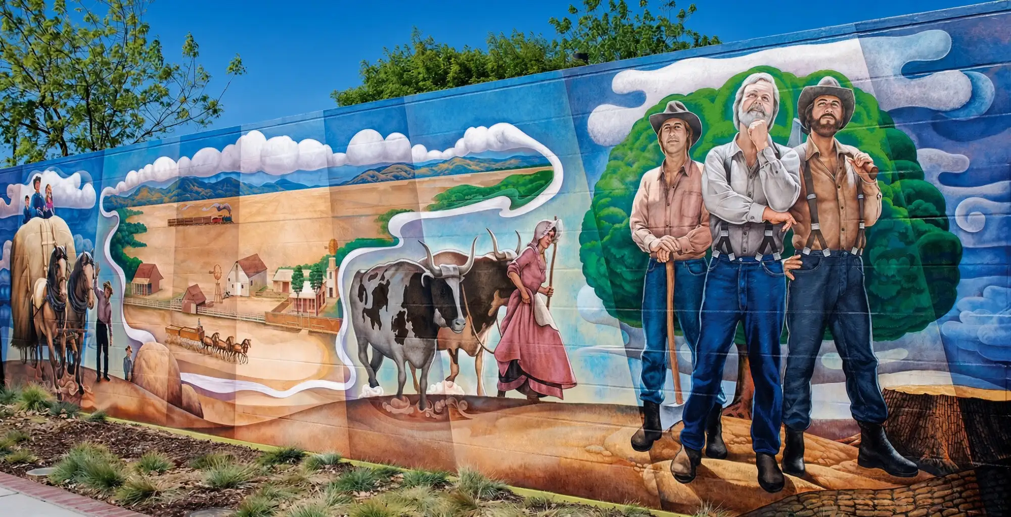 Un mural largo en Manteca de las primeras familias de agricultores, bueyes y una carreta