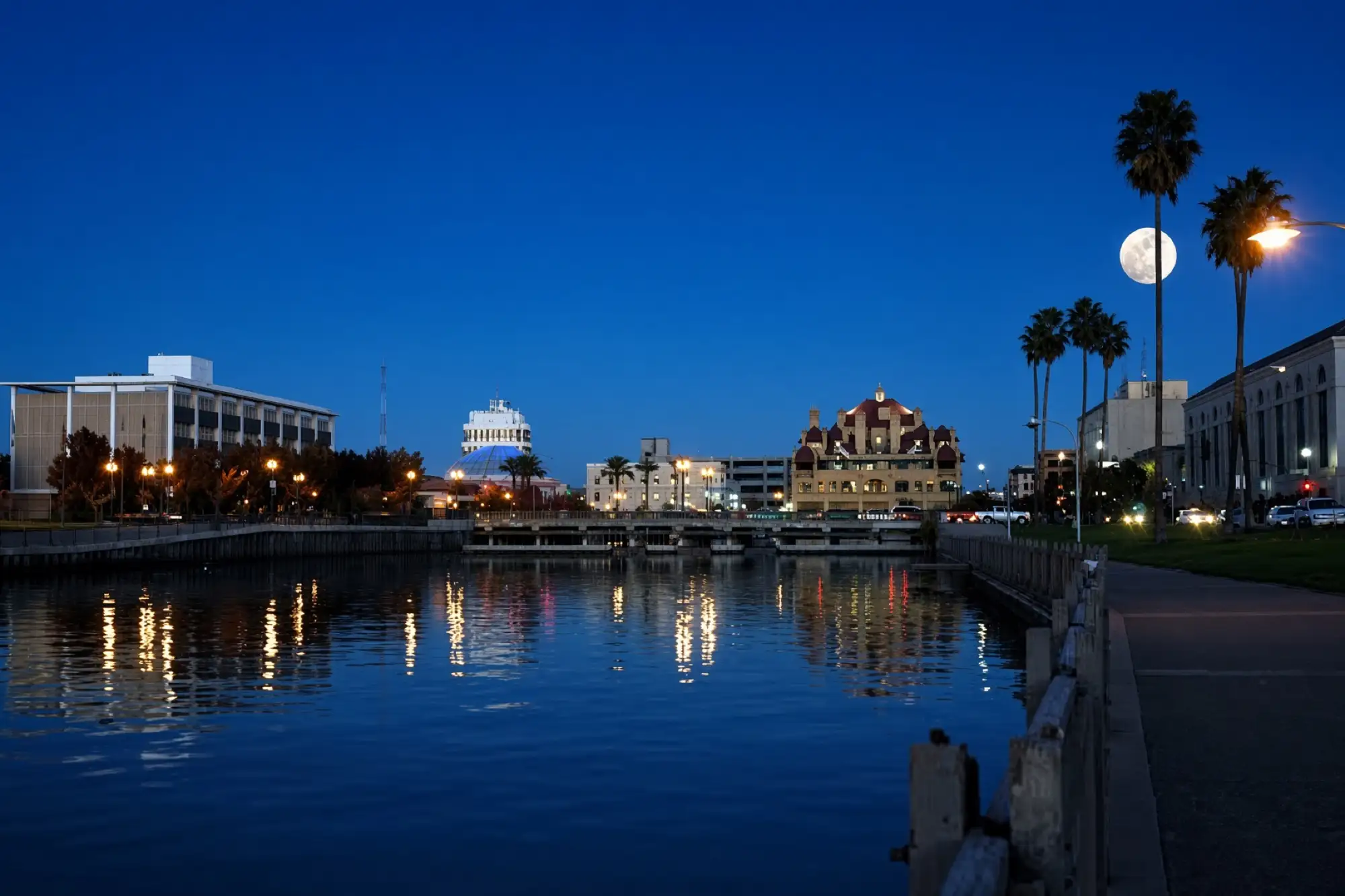 El malecón del centro de Stockton al anochecer, con las luces reflejadas en el agua
